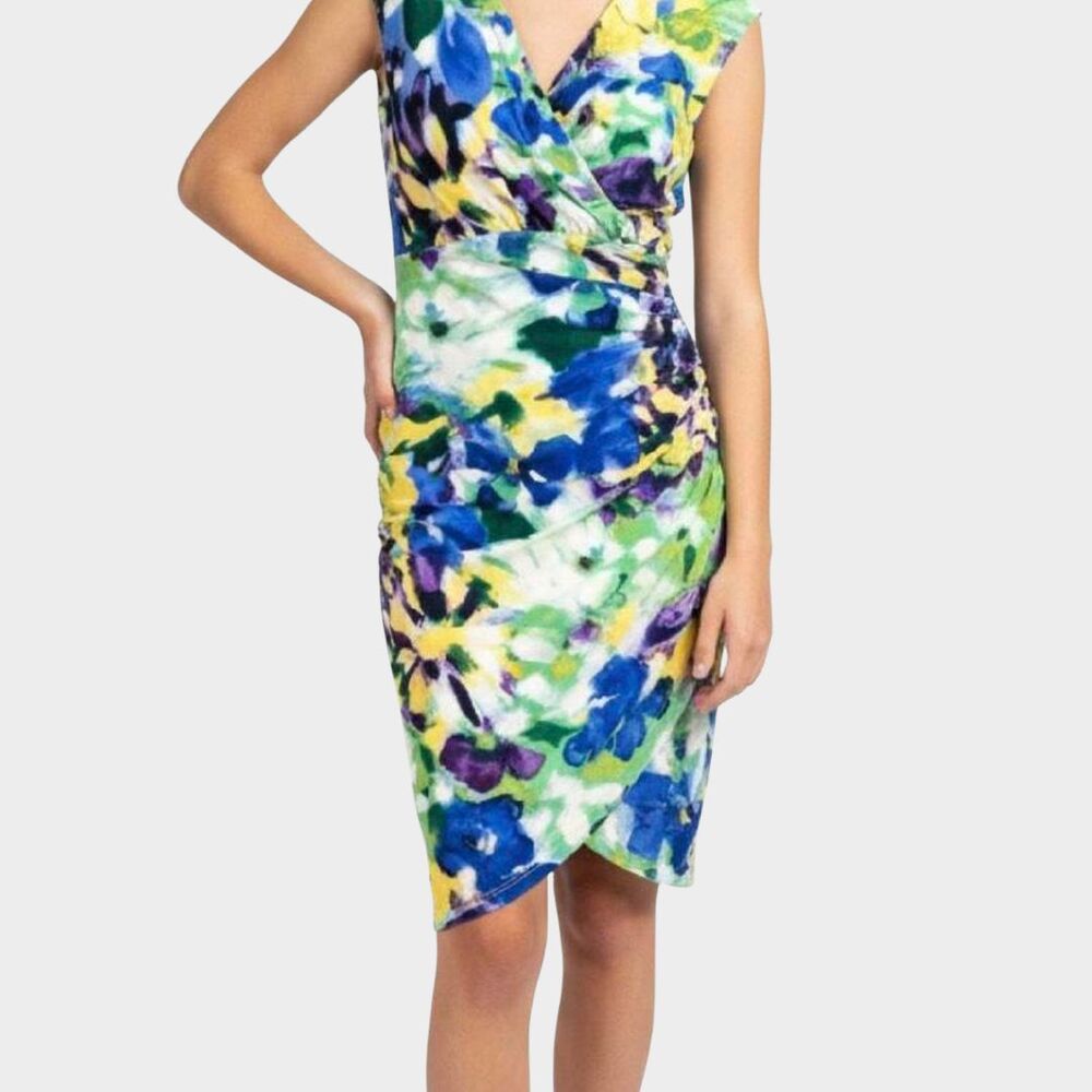 LAUREN RALPH LAUREN Blue Floral Faux Wrap Sheath Dress Size 12 Ruched Jersey